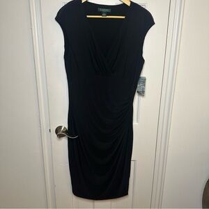 NWT Lauren Ralph Lauren Black V Neck Dress Ruched Cap Sleeve Empire Waist 14 XL